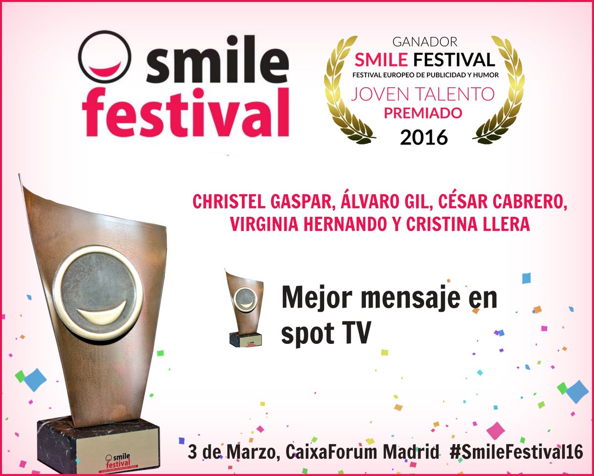 smile_festival's tweet photo. Premio grupal para estudiantes de publicidad en #Cesine, ¡ENHORABUENA! #SmileFestival16 https://t.co/jR1iOc52Px