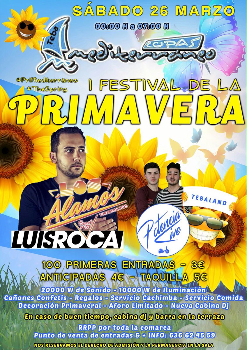 MediterraneoTeb's tweet photo. 🎬🙌¡RT PARA ENTRAR EN EL SORTEO DE UNA ENTRADA!🙌

🌴SABADO26MARZO🌴
🌼FESTIVAL DE LA PRIMAVERA🌼

💥LuisRoca
💥PotenciaLive https://t.co/5UAgaEdZ30