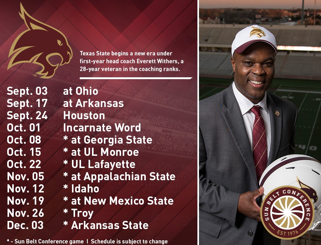 SunBelt's tweet photo. A new era for @TXSTATEFOOTBALL begins under @everett_withers with this 2016 schedule. https://t.co/L5X1B5qD71