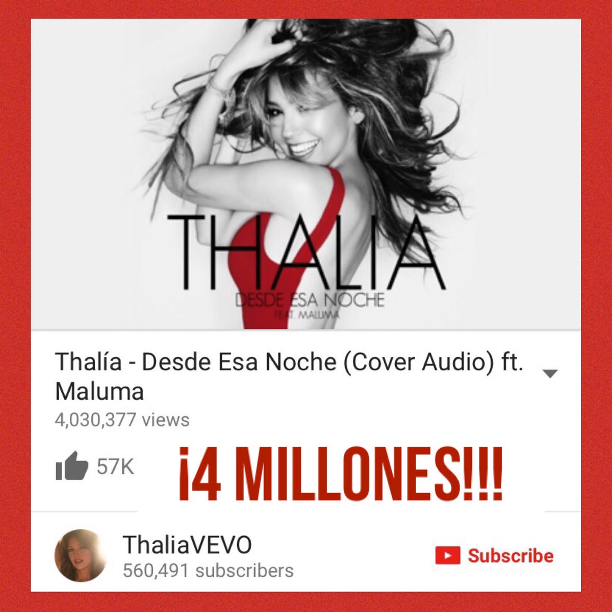 thalia's tweet photo. ¡4 Millones en nada de tiempo! ¡Gracias! ¡Los adoro!!😘 
https://t.co/PXzKBJvkiU
#DesdeEsaNoche #ThaliaNuevaMusica https://t.co/UOsXltvLEO