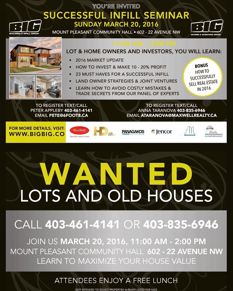 annataranovayyc's tweet photo. #howtobuild #successful #infill #seminar #yyc #freeinfo #learnandinvest #Calgary #realestate  March 20th 2016. https://t.co/SzLoDWElry