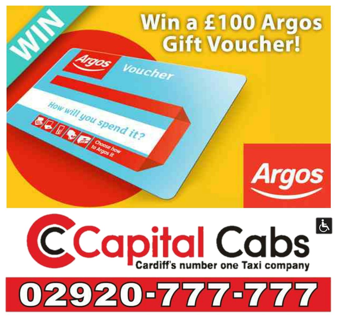 capitalcabscdf's tweet photo. WIN a £100 Gift voucher to spend in Argos!
Download our #App and book & complete 20 fares! #FirstToTwenty #Wins https://t.co/eQMDi1Ju14