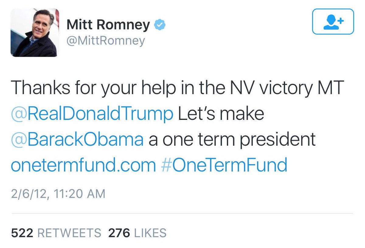 Willard Mitt Romney thanked Trump on Twitter in 2012