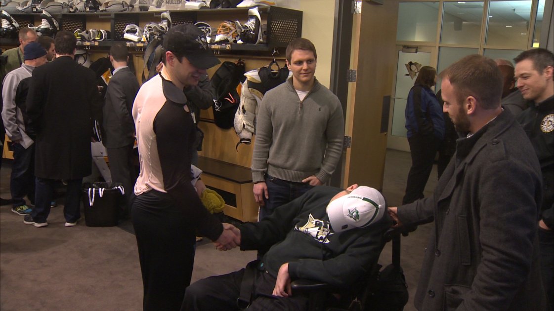 WTAE's tweet photo. Video:  Injured vet comes home to watch the Pens, spend time with life-long friends https://t.co/QBy6ULtzsi https://t.co/hnm0tcrOrR