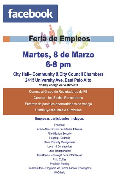 Facebook Job Fair Tuesday March 8!
¡Feria de Empleos de Facebook Martes, 8 de Marzo!