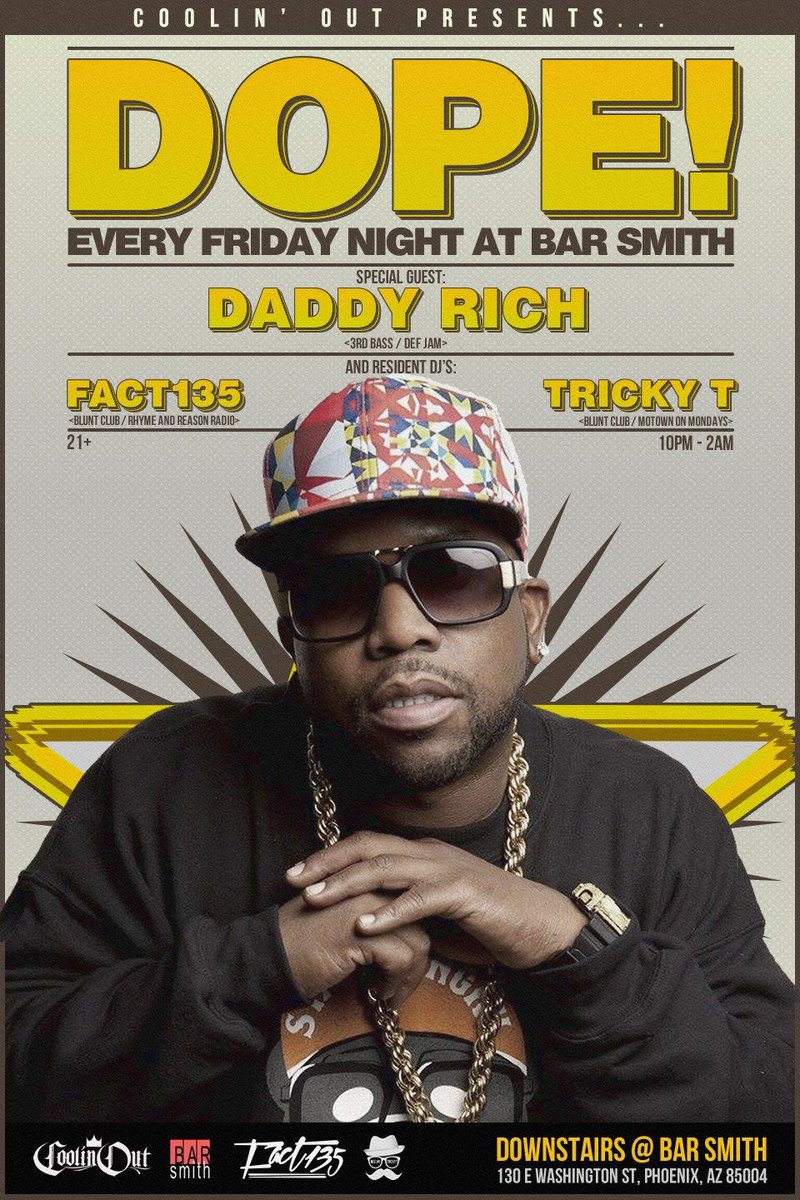 CoolinOutTV's tweet photo. Dope! Bar Smith every Friday Night. #coolinout #dtphx #fact135 #trickyt #daddyrich #3rdbass #hiphop #trap #vip https://t.co/wHHNRbLQZg
