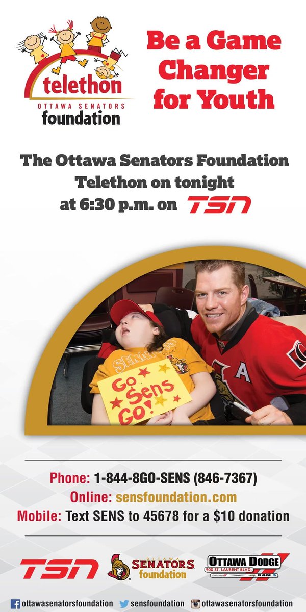 KatherineDines's tweet photo. Be a game changer for youth! Text SENS to 45678  $10 donation to @sensfoundation telethon! #OSFTelethon #Ottawa https://t.co/hqFFsCQuoH
