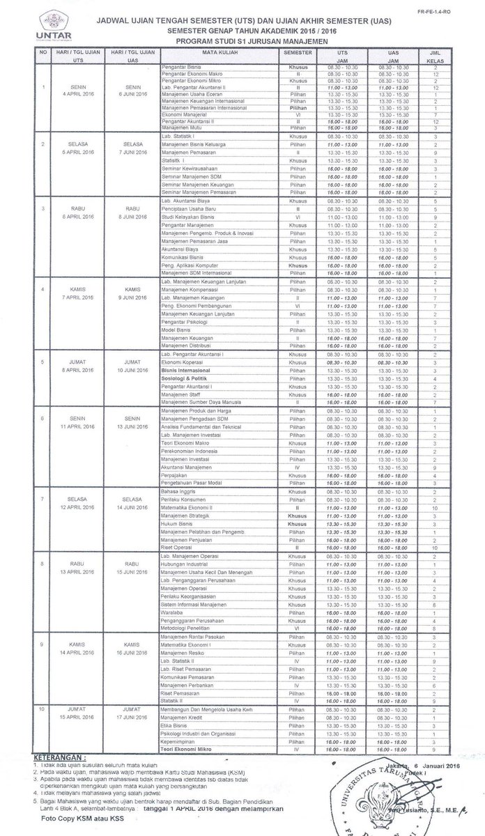 fe_untar's tweet photo. Jadwal UAS genap 2015-2016 untuk S1 Akuntansi dan S1 Manajemen https://t.co/hqcYeKegs1