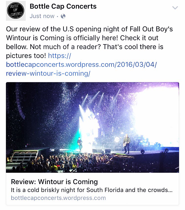 BottleCapShows's tweet photo. Our Review of #wintouriscoming  is upon us! Check it out! @falloutboy @ThisIsPVRIS @awolnation #fob #AN #pvris https://t.co/7zy9bJLf2h