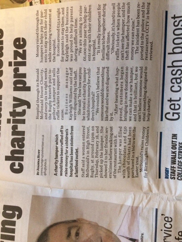 steveg_kyra's tweet photo. Rugby McDonald's RMHC charity hamper stolen. Where there is a negative there is a positive https://t.co/LdSSK9ItdI