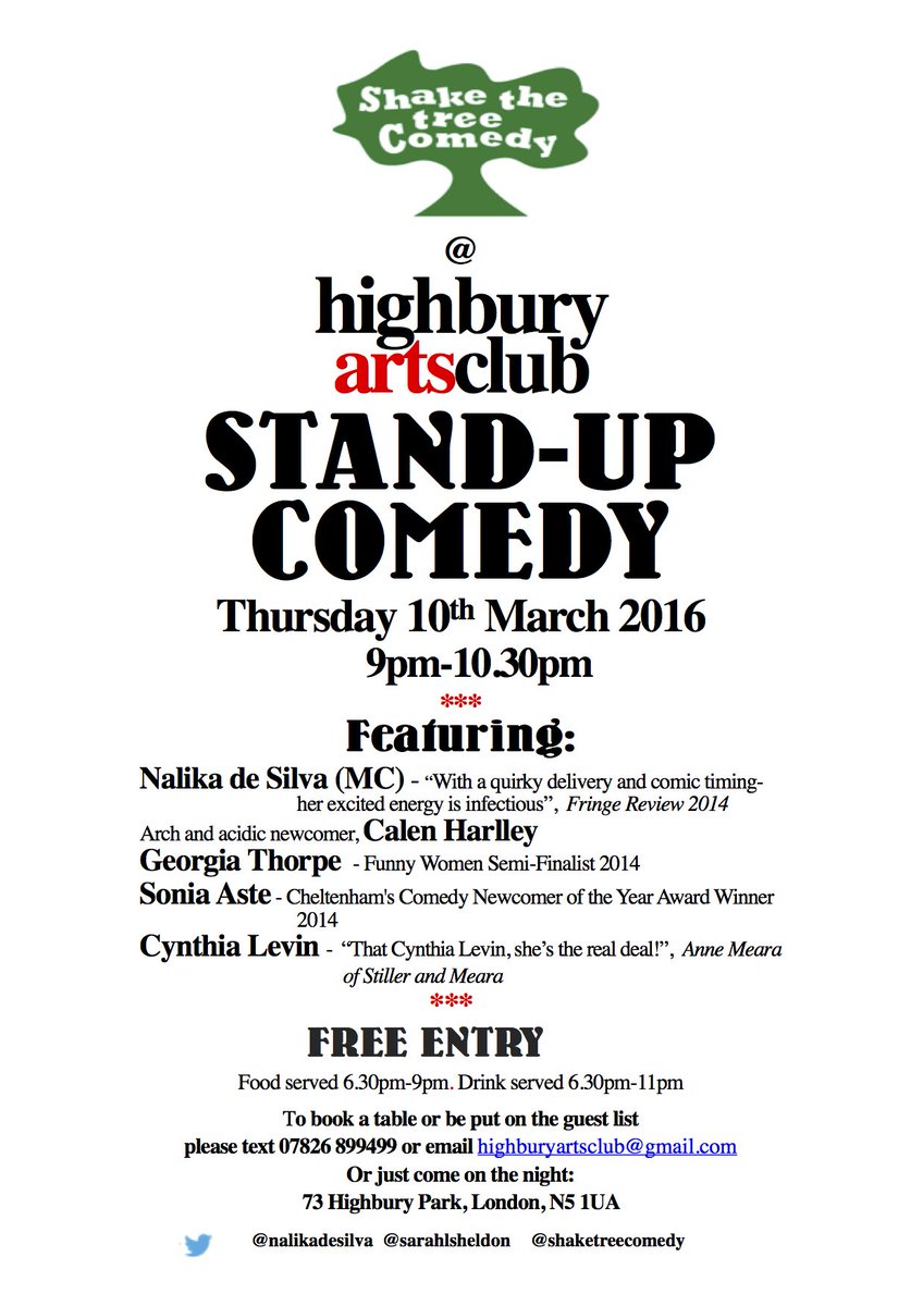 shaketreecomedy's tweet photo. FREE #comedy #islington next THURSDAY 10th MARCH @HighburyArtsClb with @SoniaAste @sheseemsnice @NalikadeSilva https://t.co/Mg6AeZiJqG