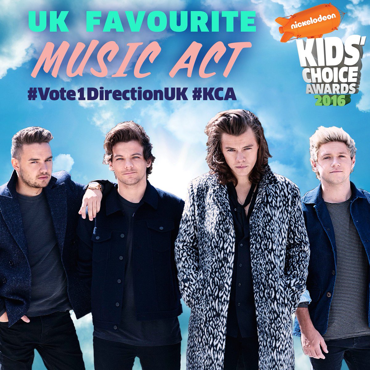 NickelodeonUK's tweet photo. LAST CHANCE to vote for @onedirection as your fave Music Act. To vote use BOTH hashtags #Vote1DirectionUK AND #KCA https://t.co/bAcOTC4tFf