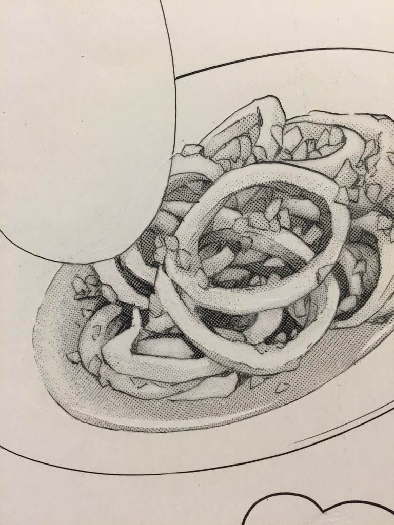 今回イカ料理です。毎度料理のトーンは原画がすごく綺麗なので見て欲しい……印刷だといまいち伝わらないんですよね…! 