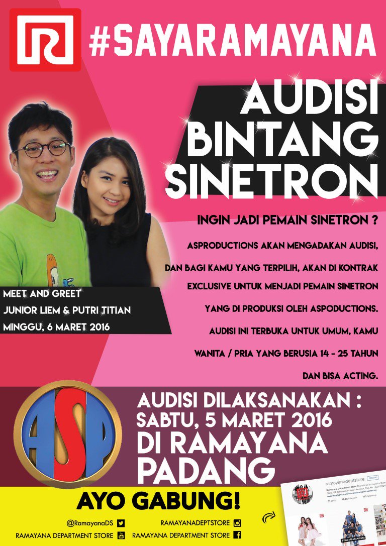 Ikuti Audisi ASP &amp; RAMAYANA MENCARI BINTANG SINETRON. Tgl 5 Maret di Ramayana Padang. Hr Minggunya ada M&amp;G jg loch!!