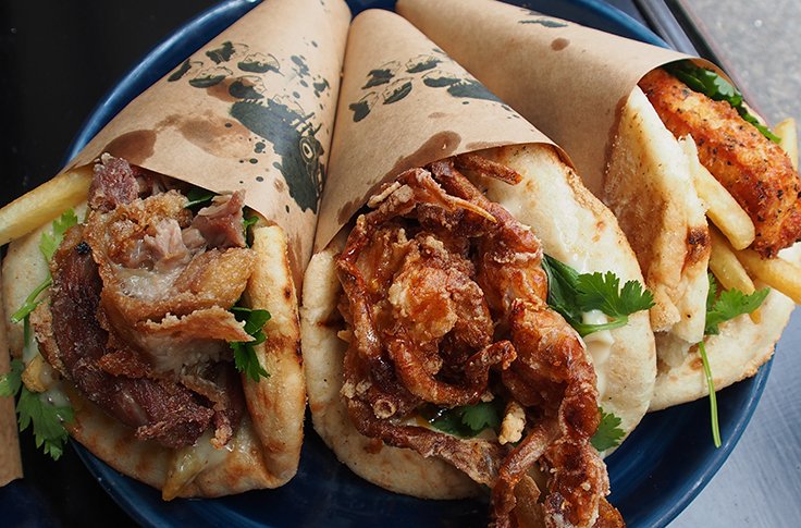 The Greek triple threat #softshellcrab #crispyduck #haloumi #souvasforall
 #FriYay