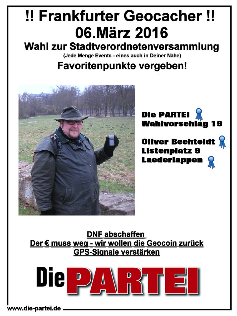 Laederlappen's tweet photo. Frankfurter GeoCacher...Ihr könnt etwas tun!
#Geocaching #Frankfurt #FFM #Die_PARTEI https://t.co/RwzCPkjsC7