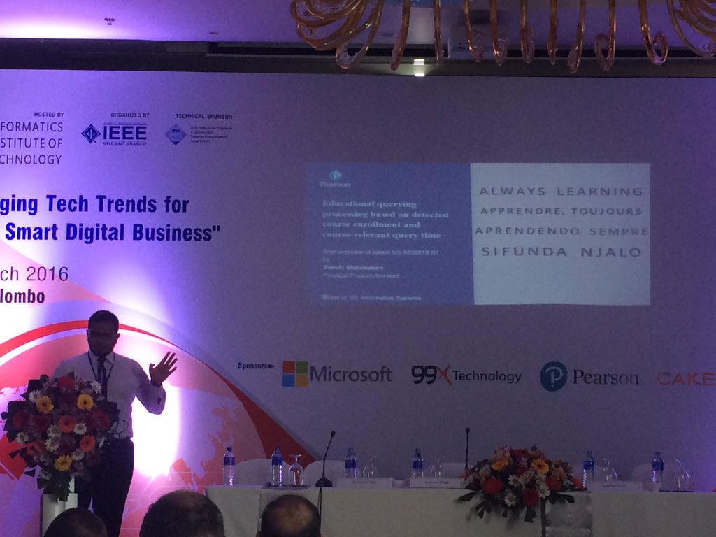 PearsonLanka's tweet photo. Our very own Subuki takes the stage to talk about how Pearson enables Patenting #ICIIT #AlwaysLearning https://t.co/0eBClpENXA