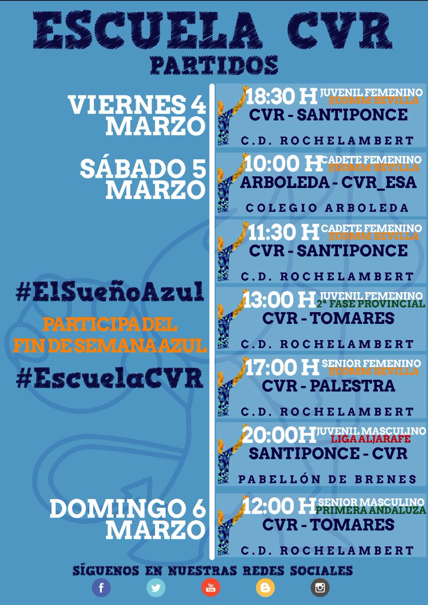 CVRochelambert's tweet photo. #FelizViernes Llega el completísimo cartel del #FindeSemanaAzul 
No te lo pierdas!!! #ElSueñoAzul #EscuelaCVR https://t.co/UdDePlSqaw