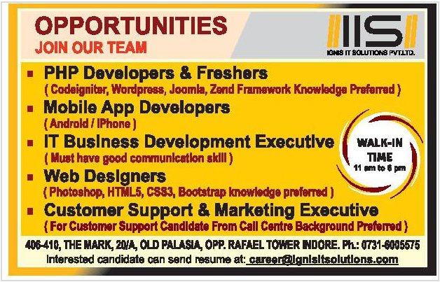 IgnisITSolution's tweet image. Urgent openings for BE/MCA for the post of Software Developer (PHP/Android) &amp;amp; Web Designer. Fresher’s can also apply