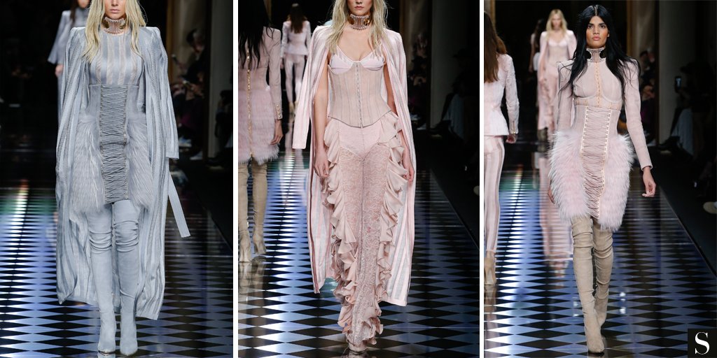 Stylebop's tweet photo. Lingerie bling + shimmering ruffles x supermodel hair swap = orchestrated glamour @Balmain #fashionmath https://t.co/JIMO0BOtPx