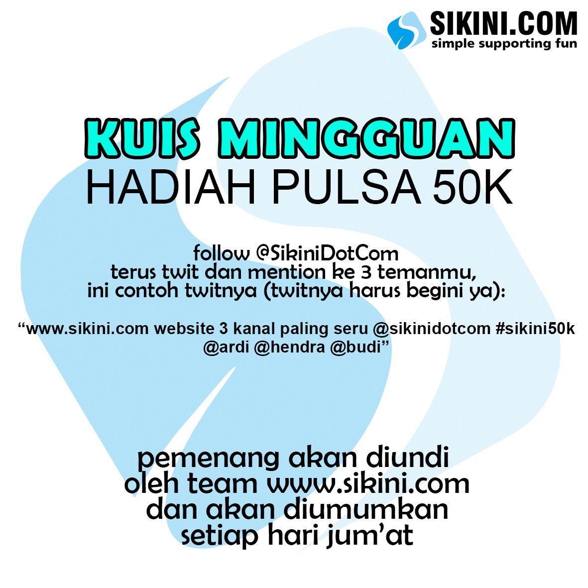 SikiniDotCom's tweet photo. Yuk ikutan kuis berhadiah pulsa 50k dari https://t.co/up2xZJPdam #KUIS https://t.co/rkQGkDsJQ2