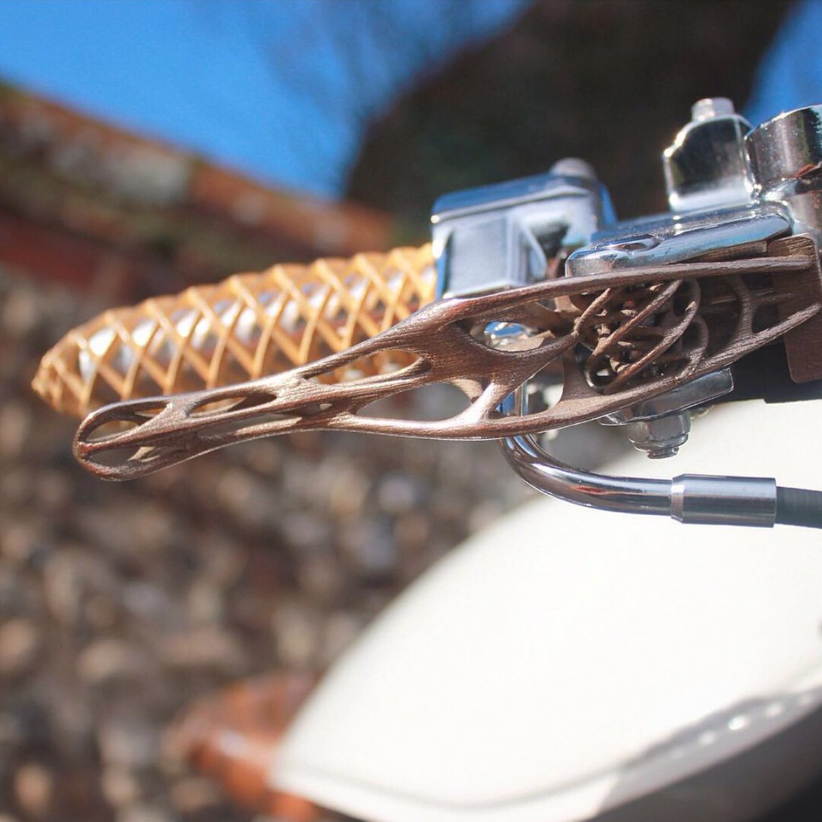 3d-printed stainless steel brake lever. Designed by Craig Stuart. Great job! shapeways.com/shops/boa #3dprinting