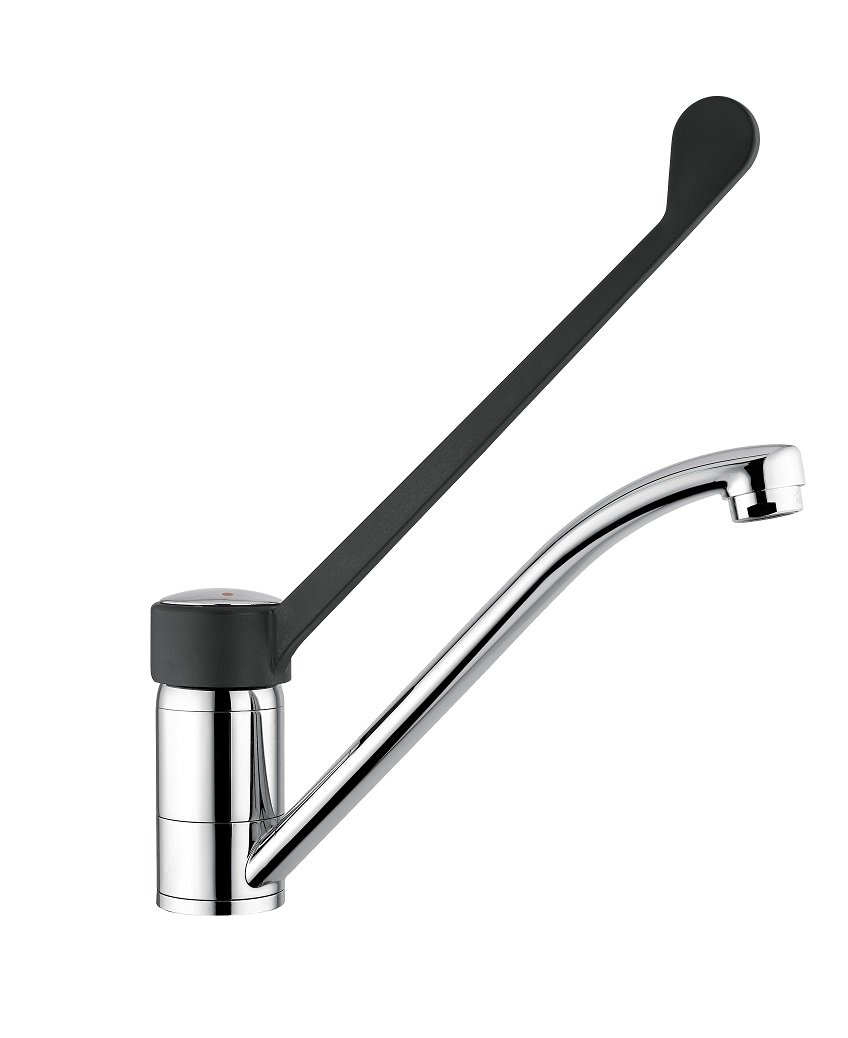 nieuwe veilige elleboogkranen met en zonder thermostaat. Voorkom verbranding met elleboogbediening.