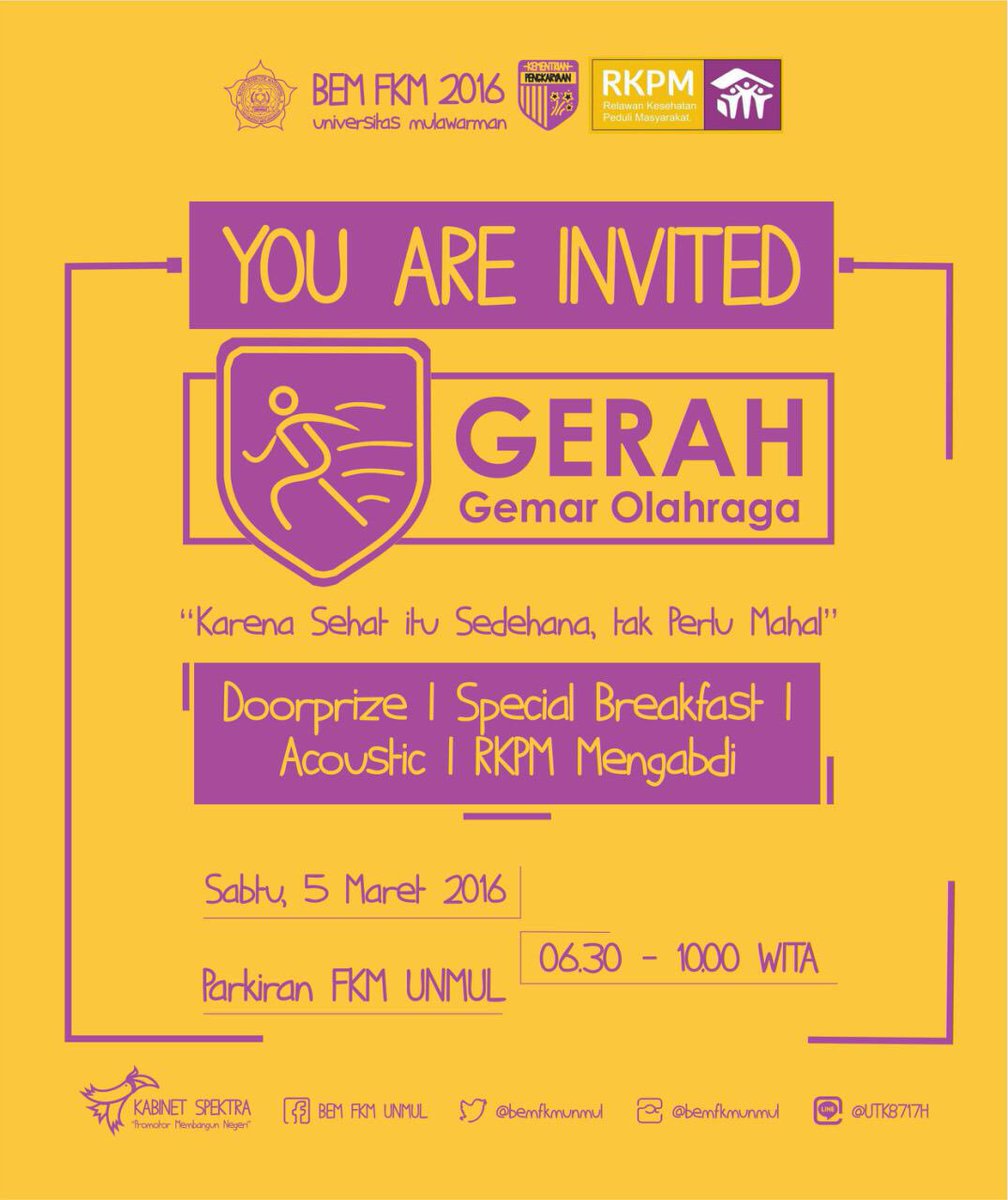 BEMFKMUNMUL's tweet photo. GERAH: GEMAR OLAHRAGA

Hy Ormawa FKM UNMUL
Yuk olahraga bersama untuk tubuh sehat

sabtu 06.30 WITA Kampus FKM UNMUL https://t.co/wC8qyPJGRx