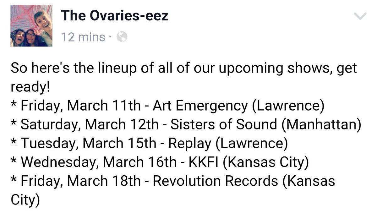 #lineup #upcomingshows #theovarieseez #lfk #lawrenceks #w4e #whateverforever #femalevocals #harmonies #etherealfolk