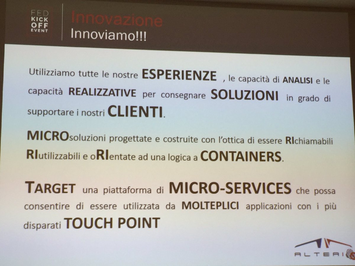 alteafederation's tweet photo. #fedkickoff 2916 @AlteaIn le nostre capacità ed esperienze ci consentono oggi di offrire soluzioni combinanti https://t.co/0NtiCcbjle
