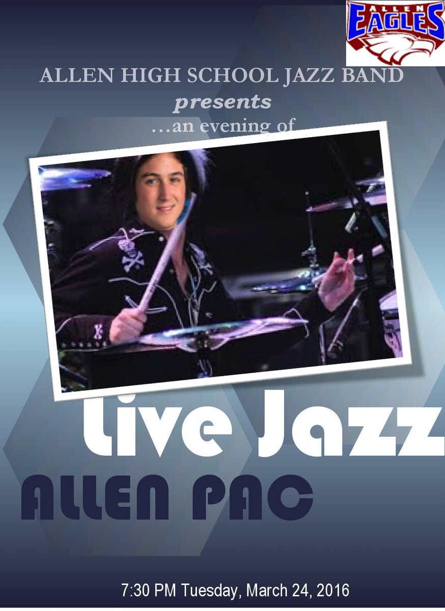 allenhs_jazz's tweet photo. AHS Jazz Band Concert on March 24th! Tell friends and family, hope to see everyone there! Happy friday! https://t.co/8ivV5bOSpM