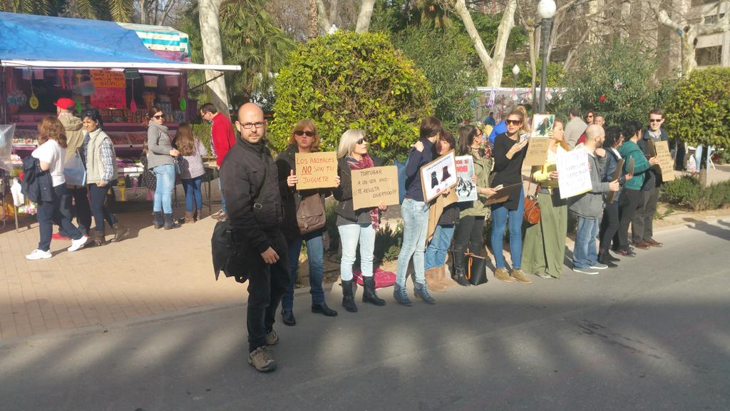 Multitudinaria manifestación de antitaurinos en Castellón. Se cuentan 11 sin sumar el fotógrafo. #Magdalena2016