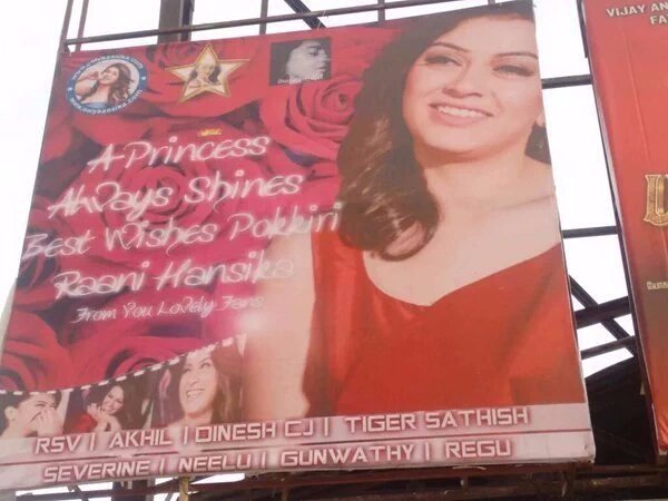 behindwoods's tweet photo. Did you guys come across this banner! .@ihansika Fans celebrate the release of #PokkiriRaja at Albert theater! https://t.co/pIRulGI5b0