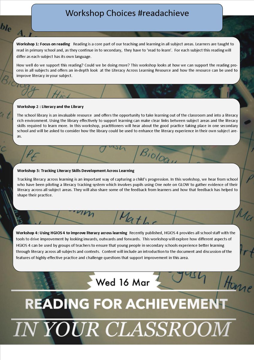 lal_edscot's tweet photo. Check out workshop choices for #readachieve Register now at https://t.co/SHbdrFwRDI https://t.co/6jBLcjNd5b