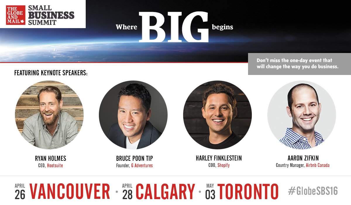globebusiness's tweet photo. Gain insight &amp; inspiration from Canada's brightest #entrepreneurs at #GlobeSBS16. https://t.co/whlAGu5w3I https://t.co/pzwz3ca0Ms