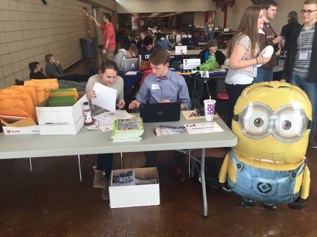 teachtyson's tweet photo. Big help from Spirit Lake students at the Academic Decathlon reg table. They were NOT just minions. #iaacdec https://t.co/ikYfsgVDIW
