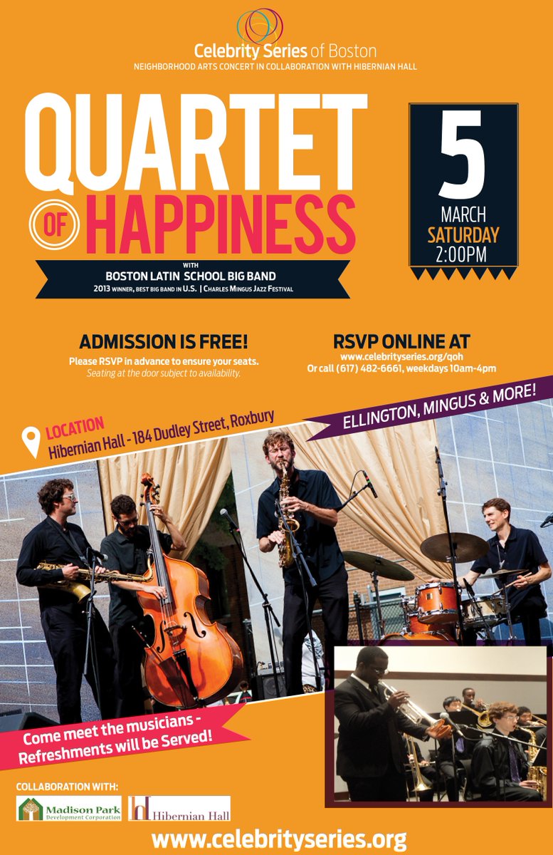 Free <a href="/celebrityseries/">Celebrity Series of Boston</a> community concert tomorrow w/Quartet of Happiness and Boston Latin HS jazz band! #live #jazz