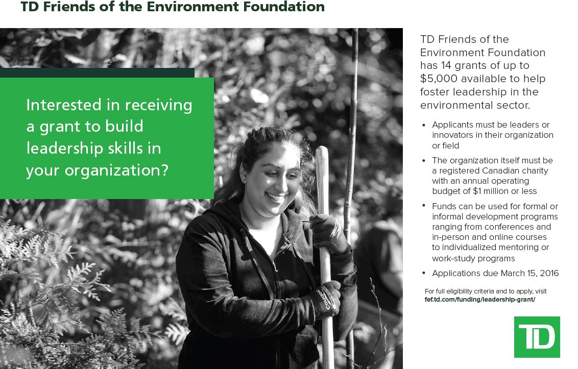 KClarkeWhistler's tweet photo. Enhance your #enviro leadership skills with a @TDFEF Leadership Grant. Apply by March 15 https://t.co/Qw4L1VYdB5 https://t.co/NVGUq38Fbd