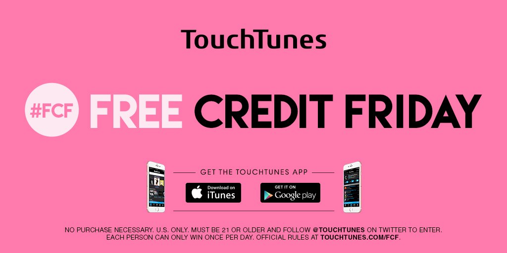 TouchTunes's tweet photo. It’s Free Credit Friday! First 5 people to #RT &amp; tag their favorite @TouchTunes bar WIN 10 FREE credits. #FCF https://t.co/NpQbp67RMJ
