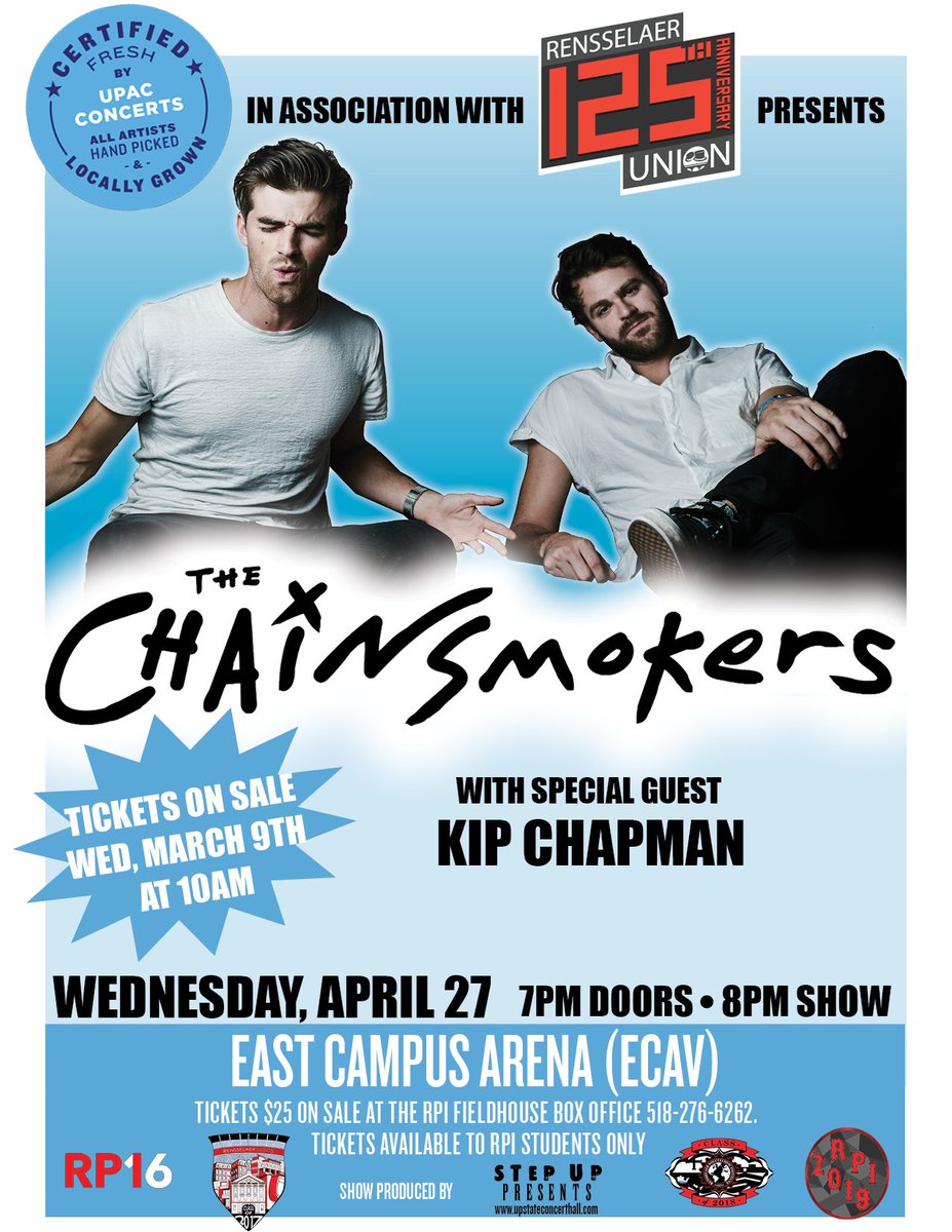 UPACConcerts's tweet photo. BIG NEWS: The Chainsmokers is performing at ECAV 4/27. Tickets on sale Wednesday. #UPACCONCERTS @RPIUnion https://t.co/tFI05Y9msR