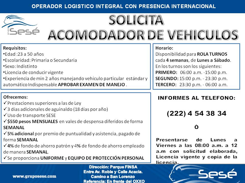 Grupo SESE,
Les Informa de su vacante disponible en #Chofer en la Ciudad de Puebla. #empleo