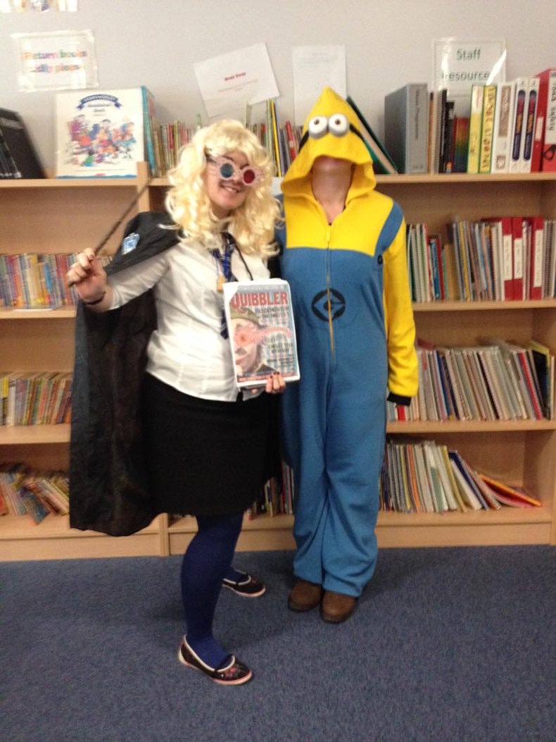 millerprimary's tweet photo. Miss Church (Minion) and Miss McGregor (Luna Lovegood) rocking their #worldbookday looks earlier https://t.co/p6DyO2UZDw