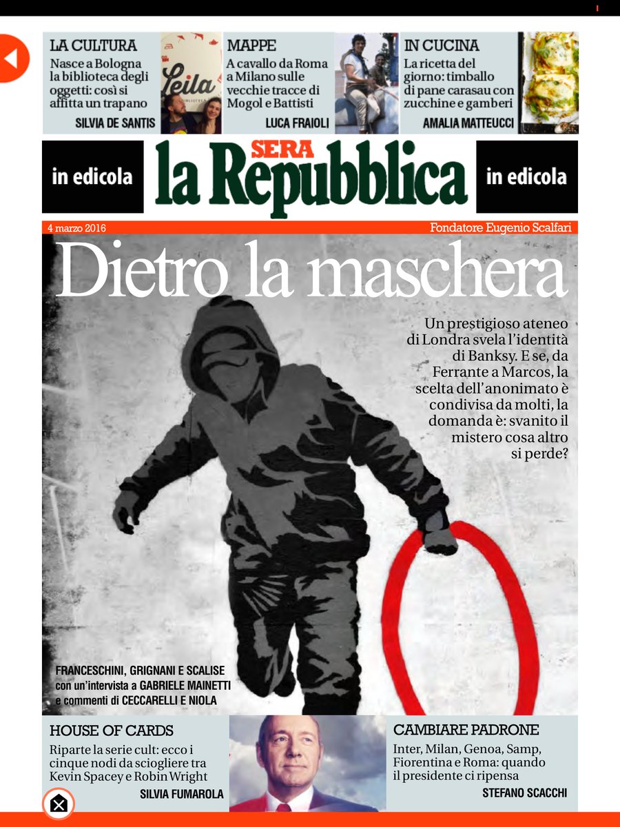 RepubblicaSera's tweet photo. Un prestigioso ateneo di Londra svela l'identità di #Banksy 
ma svelato il mistero cosa si perde? #rsera https://t.co/VkJdYi8BOB
