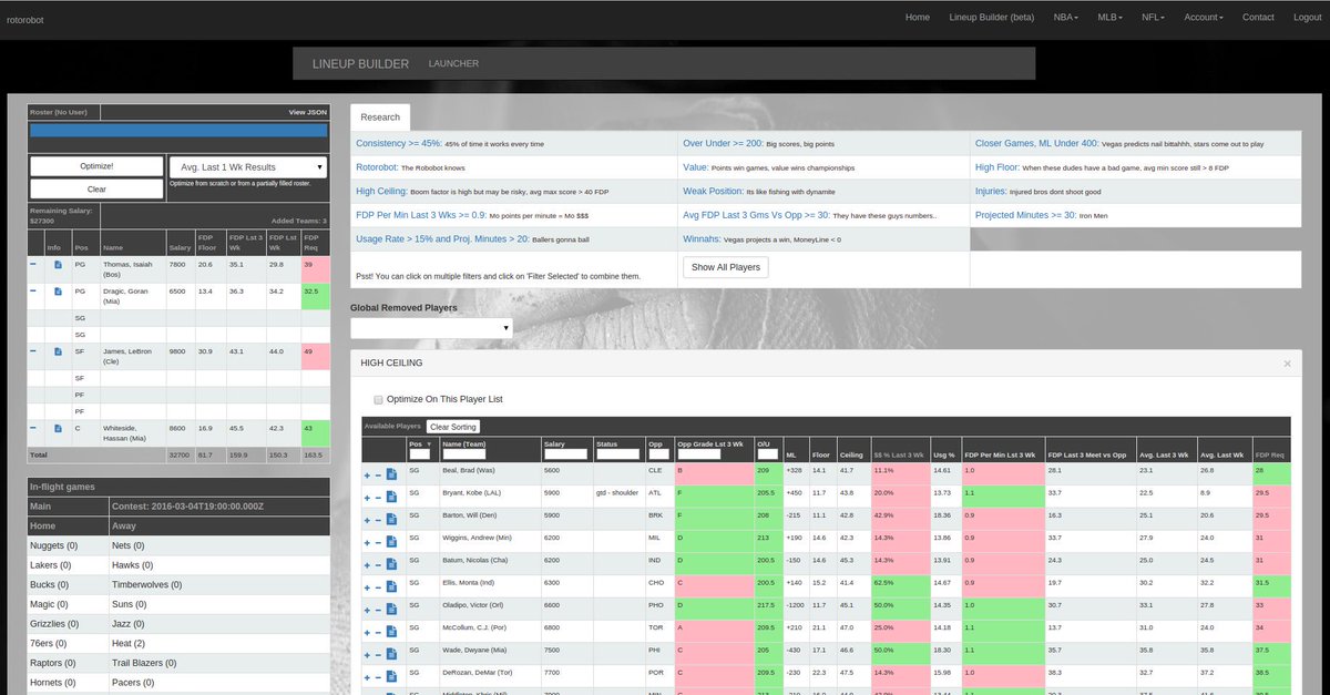 rotorobotDFS's tweet image. Log onto rotorobot.com to see our new lineup builder and injury tracker optimized for #DFS #NBA