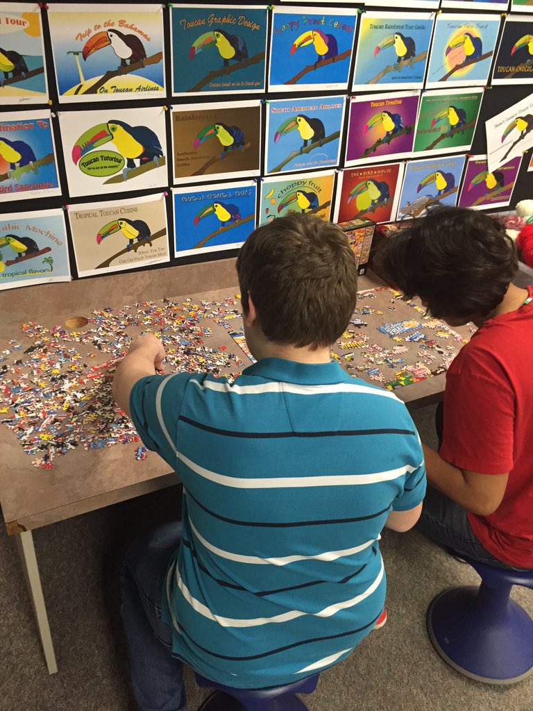 SkyviewLibrary's tweet photo. Working on the library puzzle during lunch! Stop in! https://t.co/i3e7qArIhF