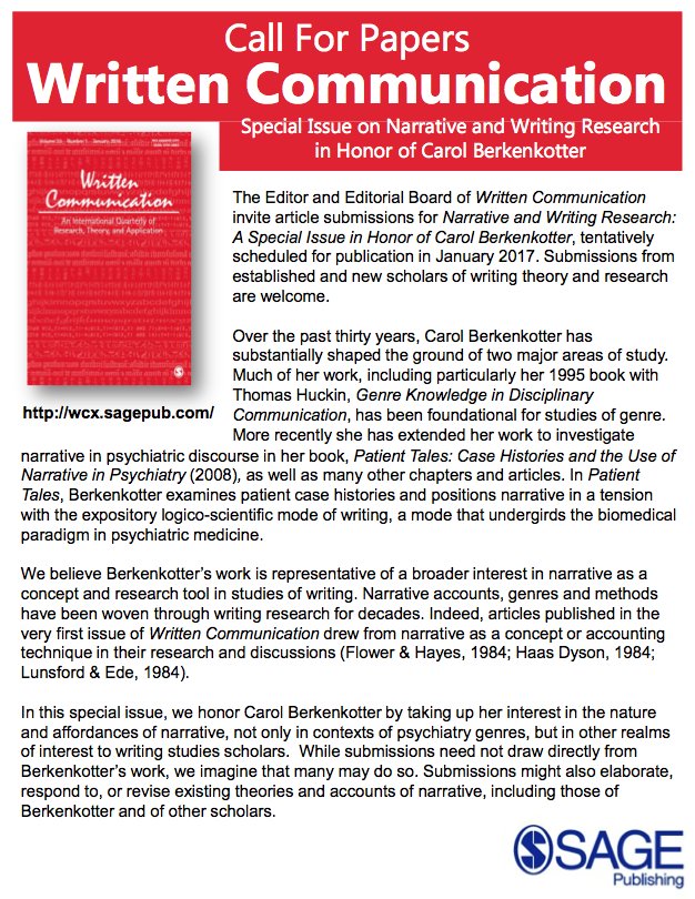 WrittenComm's tweet photo. Check out the CFP for our new Special Issue on Narrative &amp; Writing Research! Manuscripts due 6/20/16 https://t.co/tIuP6eEDd1