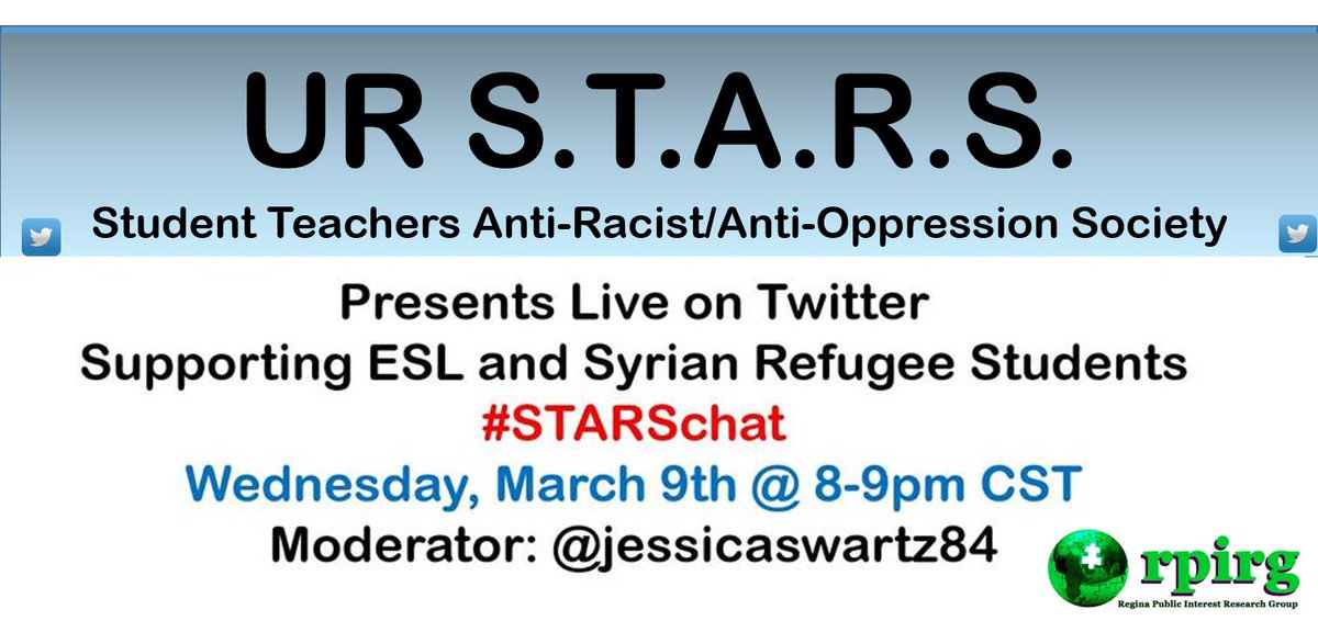 STARS_Regina's tweet photo. Join us on Wednesday at 8PM for our #STARSchat on supporting #ESL and #SyrianRefugee students! #starsregina https://t.co/NmzVHcqJwD
