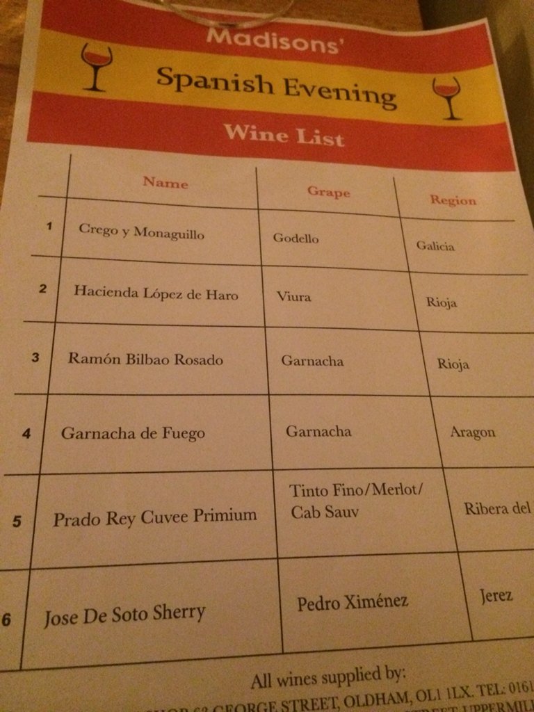 JEMsoc's tweet photo. @MadisonsRochdal @WinosWineShop working my way through 6 wines &amp; 5 courses on Spanish evening fishy dishy next ! https://t.co/dVGw1vHLTO