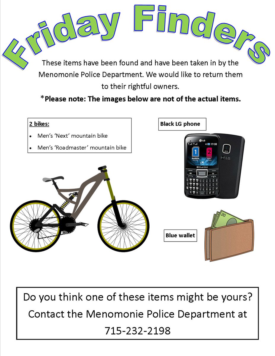 MenomoniePD's tweet photo. #FridayFinders time! We have a blue wallet, black LG phone & 2 mountain bikes. Plz help us find the rightful owners! https://t.co/7gpnoJrlUh