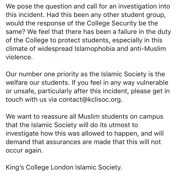 Our public statement regarding an Islamophobic attack against one of our members. 

facebook.com/groups/kclisoc…